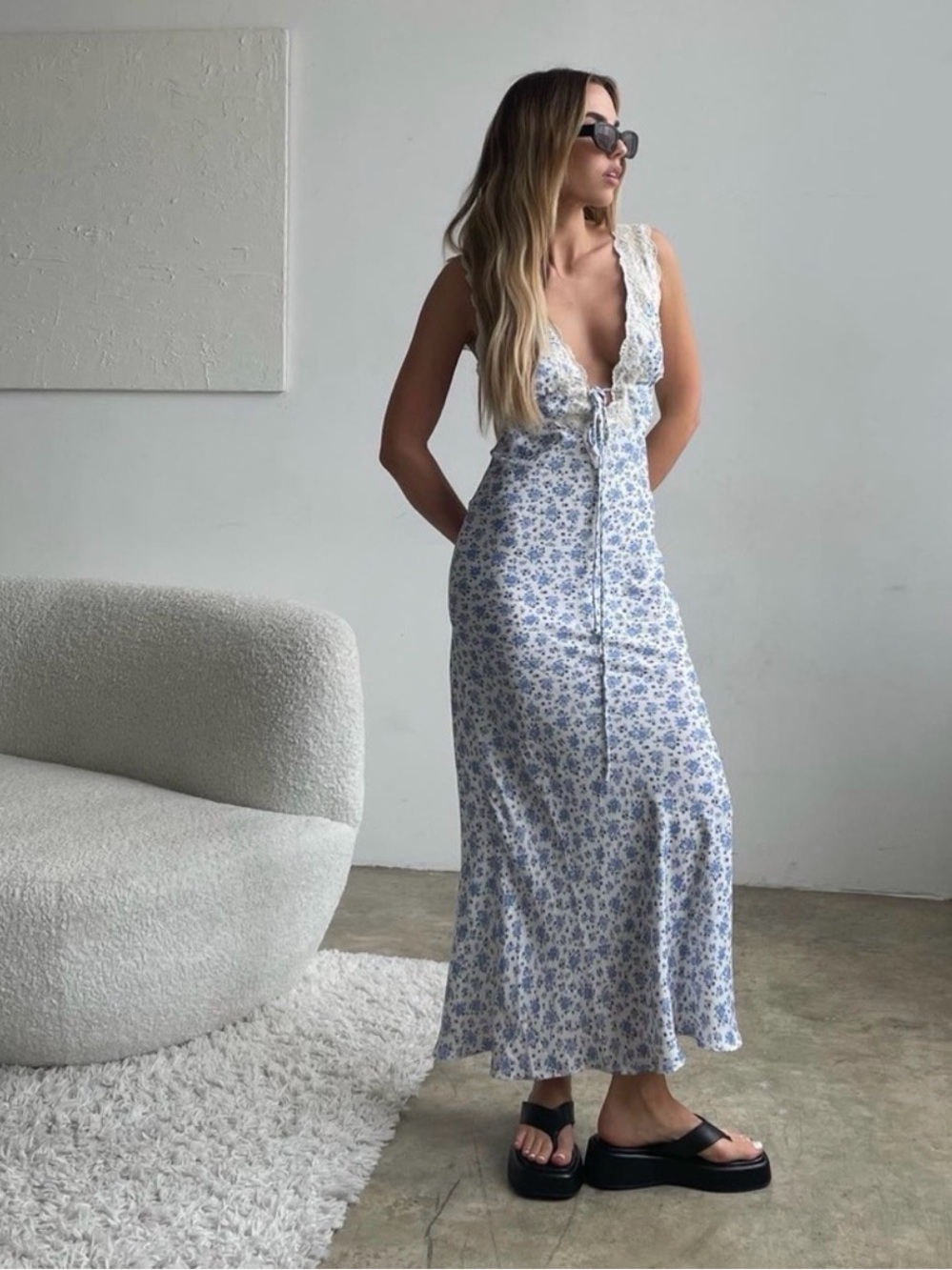 Rumours Venice Maxi Dress Blue Floral Lace Trim Cottagecore Romantic Small